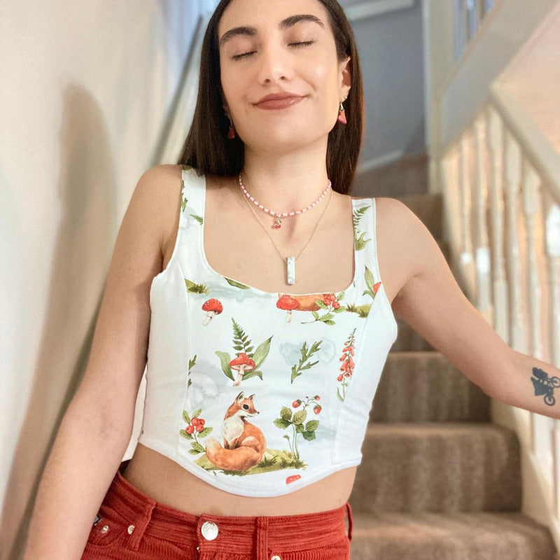 Damer Crop Top med kunstnerisk flora-design og justerbare stropper Skjora
