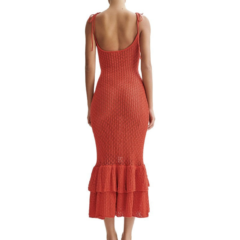 Damen Häkel-Maxikleid mit Volant und verstellbaren Trägern Skjora
