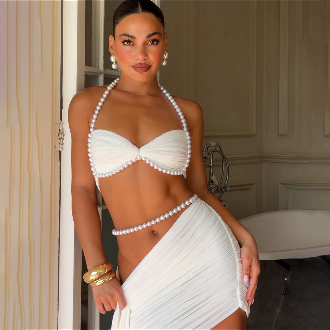 Dame Elegant Bikinisett med draperte detaljer og perlesenter Skjora