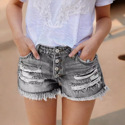 Dame Jeans-Shorts med franje og ødelagte effekter Skjora