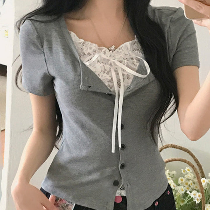 Dame spitze topp med skulderfri design og elegant snøring Skjora