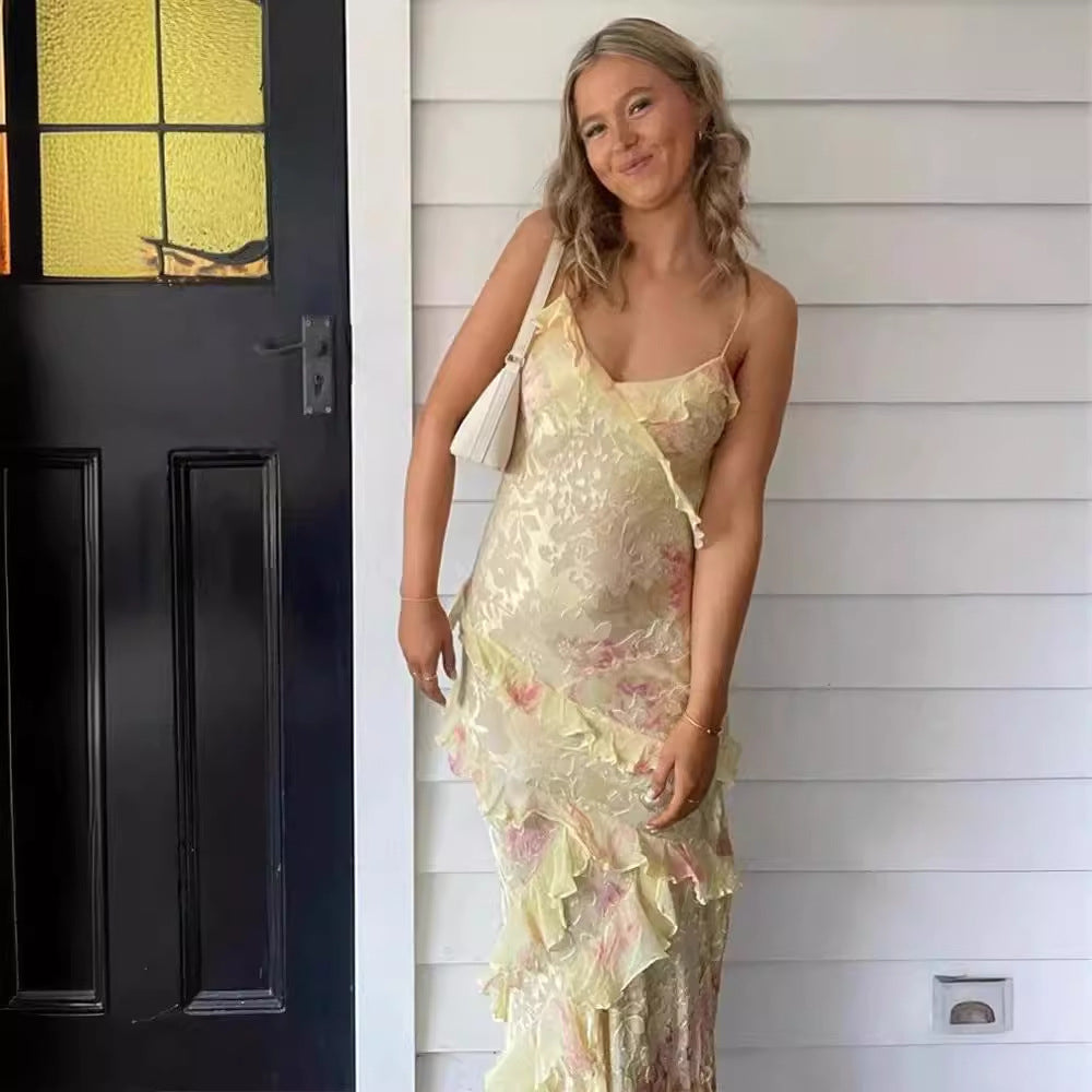 Damer Lang Maxi Kjole med Lekne Volang Detaljer og Blomstermønster