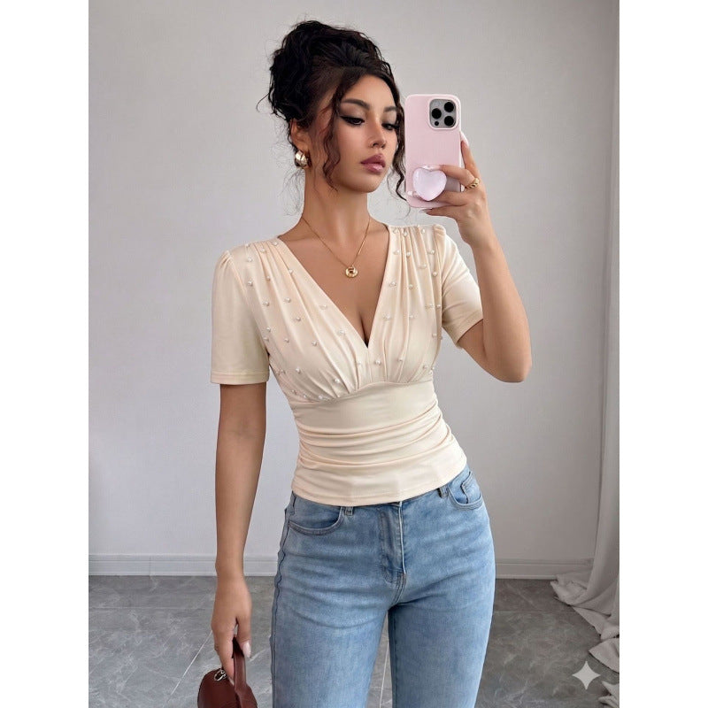 Dame elegant bluse med perle-detalj Skjora