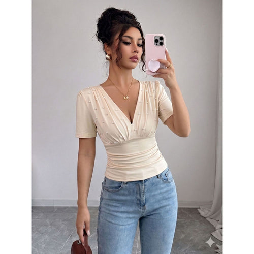 Dame elegant bluse med perle-detalj Skjora