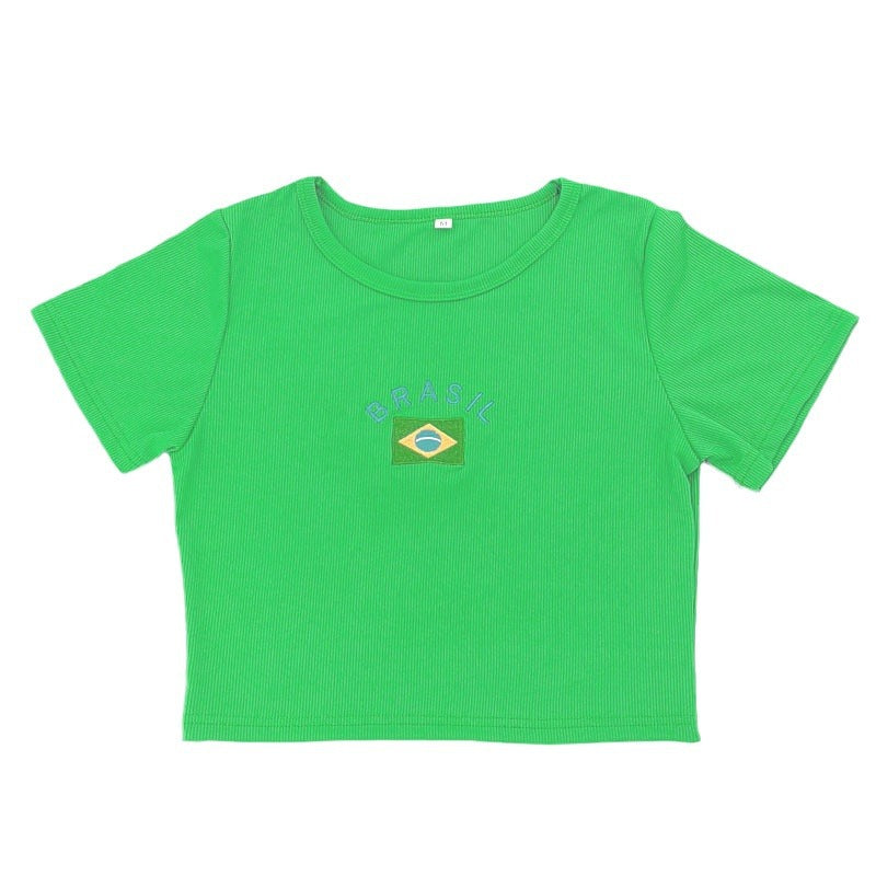Dame cropped T-skjorte med trendy Brasil-motiv Skjora