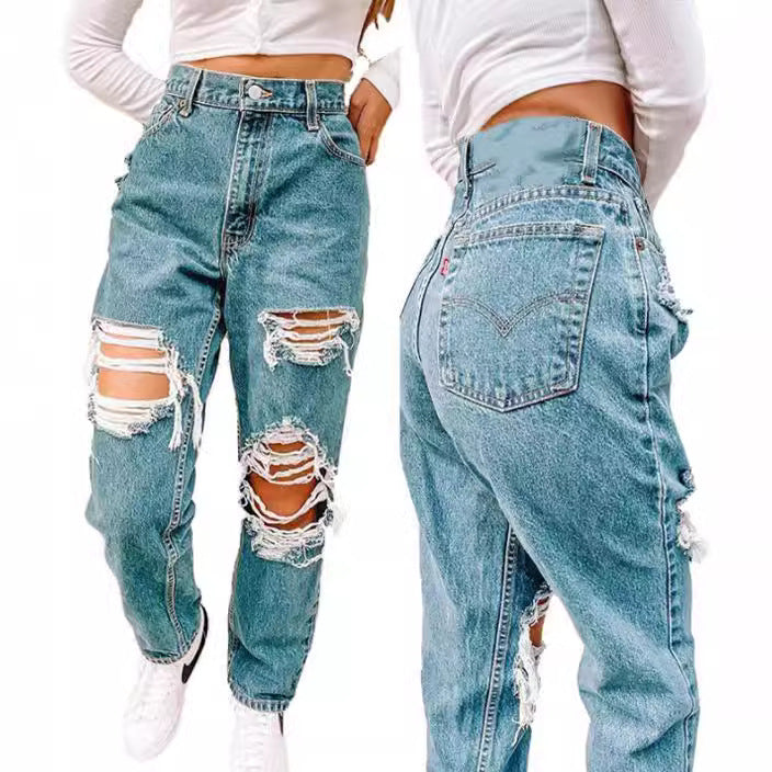 Damer Vintage Høyt liv Ødelagte Jeans med frynsede detaljer Skjora