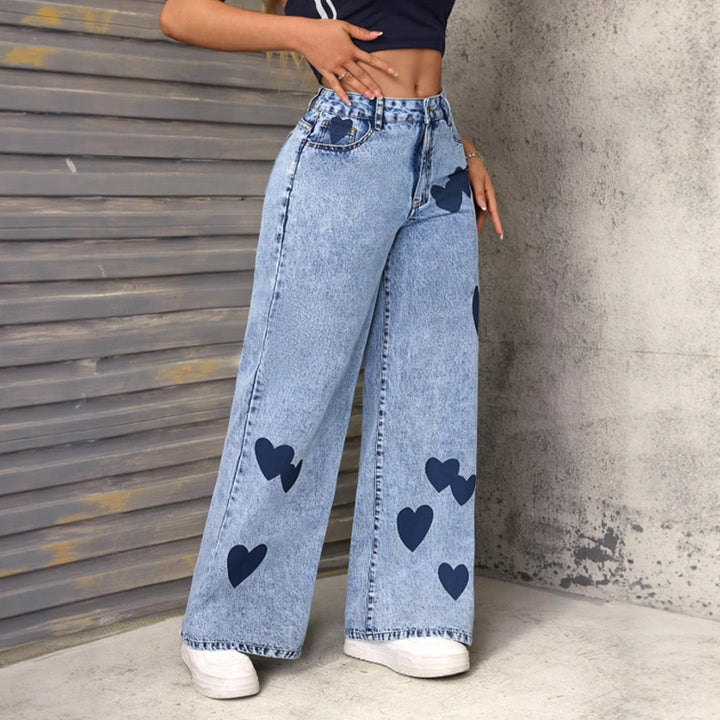 Kvinnelige brede jeans med hjerteapplikasjoner Skjora