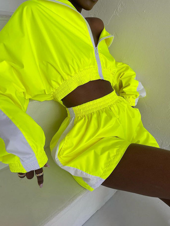 Kvinner Sporty Kort Jakke og Shorts Sett Skjora