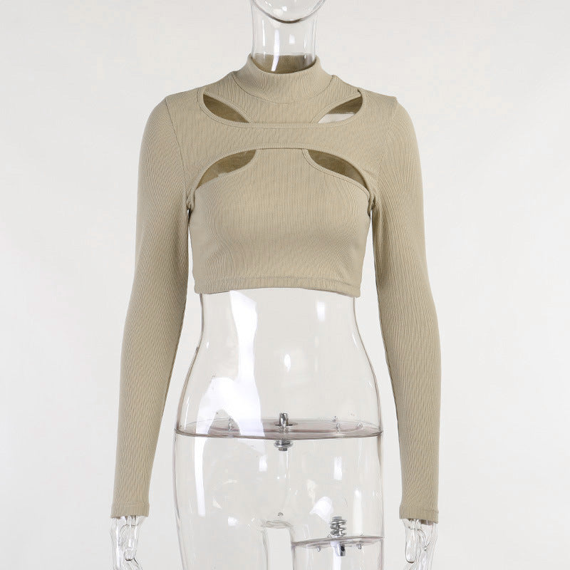 Dame trendy topp med cut-outs og høy krage Skjora