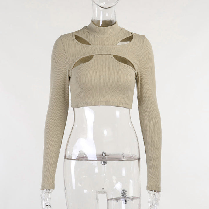 Dame trendy topp med cut-outs og høy krage Skjora
