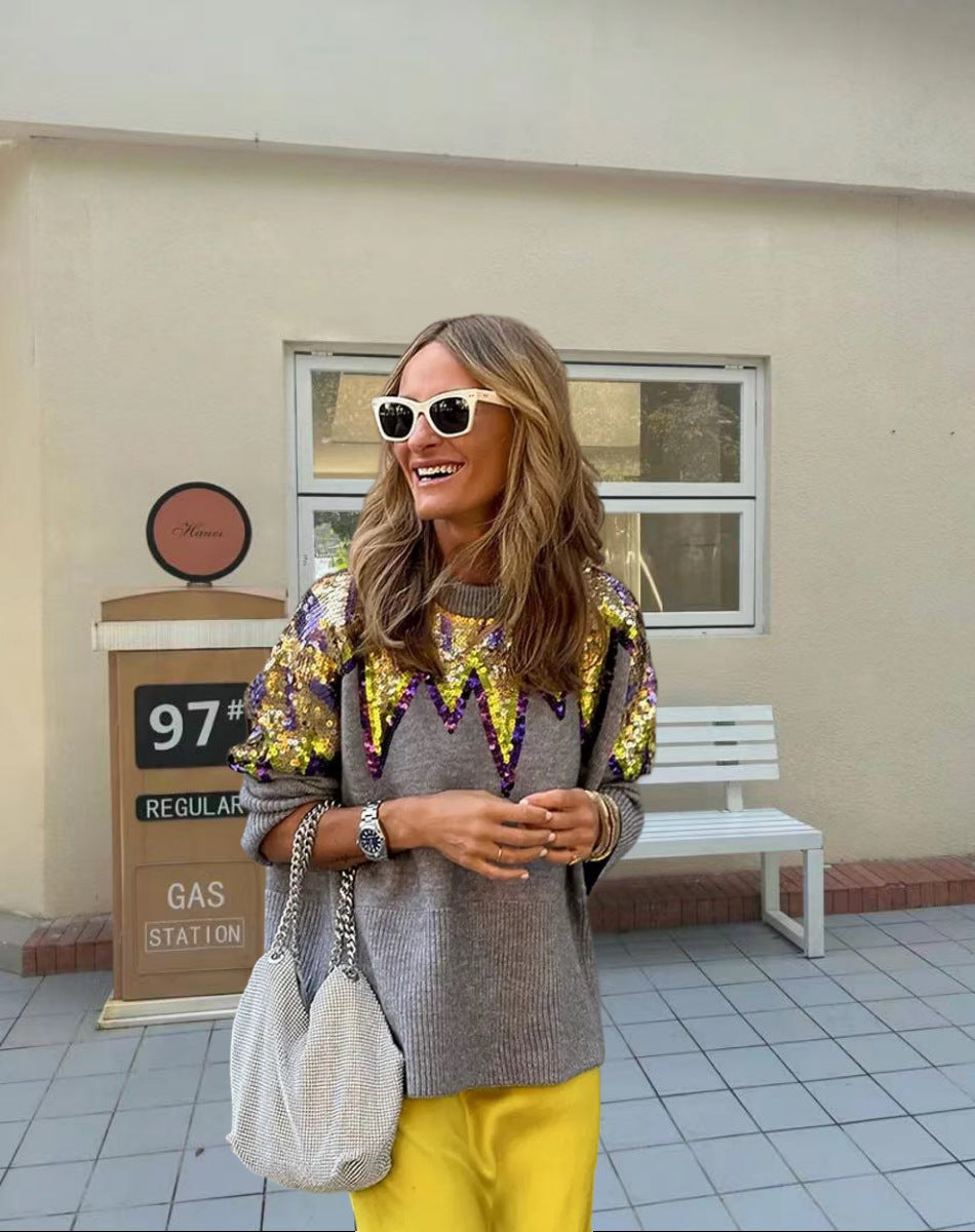 Dame Glitrende Oversized Genser med Unikt Design og Glitrende Detaljer Skjora