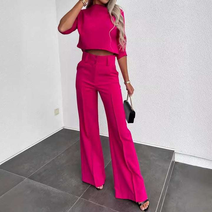 Damer Elegant To-Delt Blazer Sett med Høy Midje Bukser og Moderne Crop Top