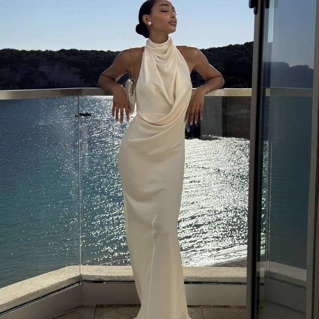 Damer Elegant Maxi Kjole med Høy- Kvalitet Drapering Design og Glitrende Stoff Skjora