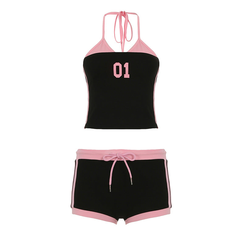 Damer sporty Crop-Top og Shorts Sett med dekorativt bånd Skjora