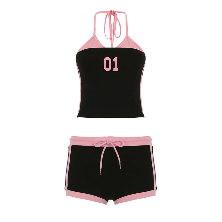 Damer sporty Crop-Top og Shorts Sett med dekorativt bånd Skjora