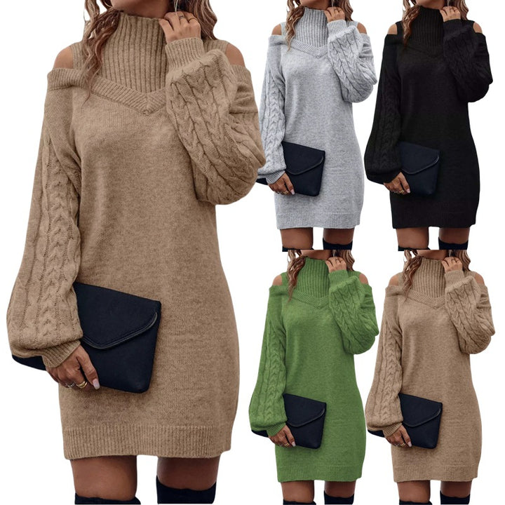 Kvinnes strikkjole med asymmetrisk off-shoulder design og voluminøse ermer Skjora