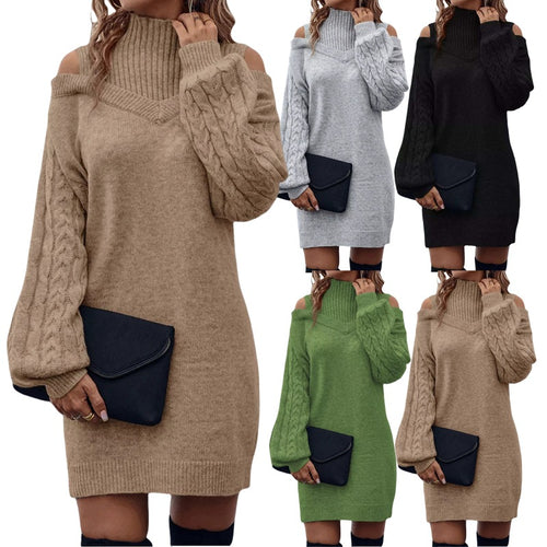 Kvinnes strikkjole med asymmetrisk off-shoulder design og voluminøse ermer Skjora