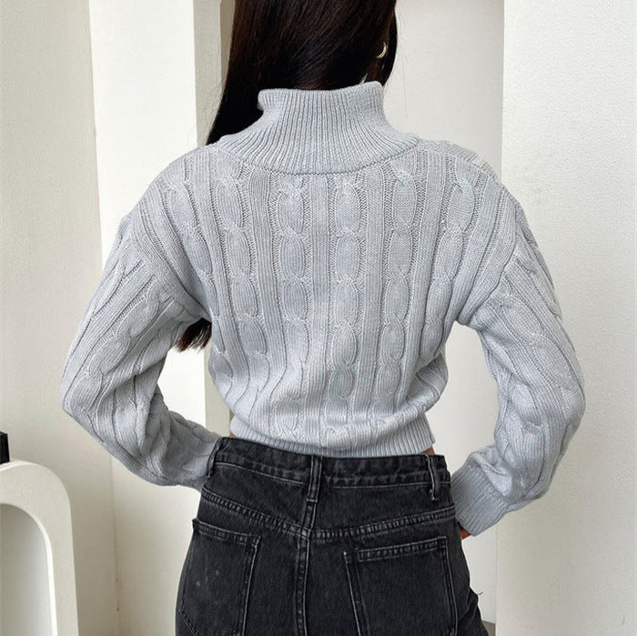 Kvinne Fashion Kuttet Genser med Glidelås og Strikk Detaljer Skjora