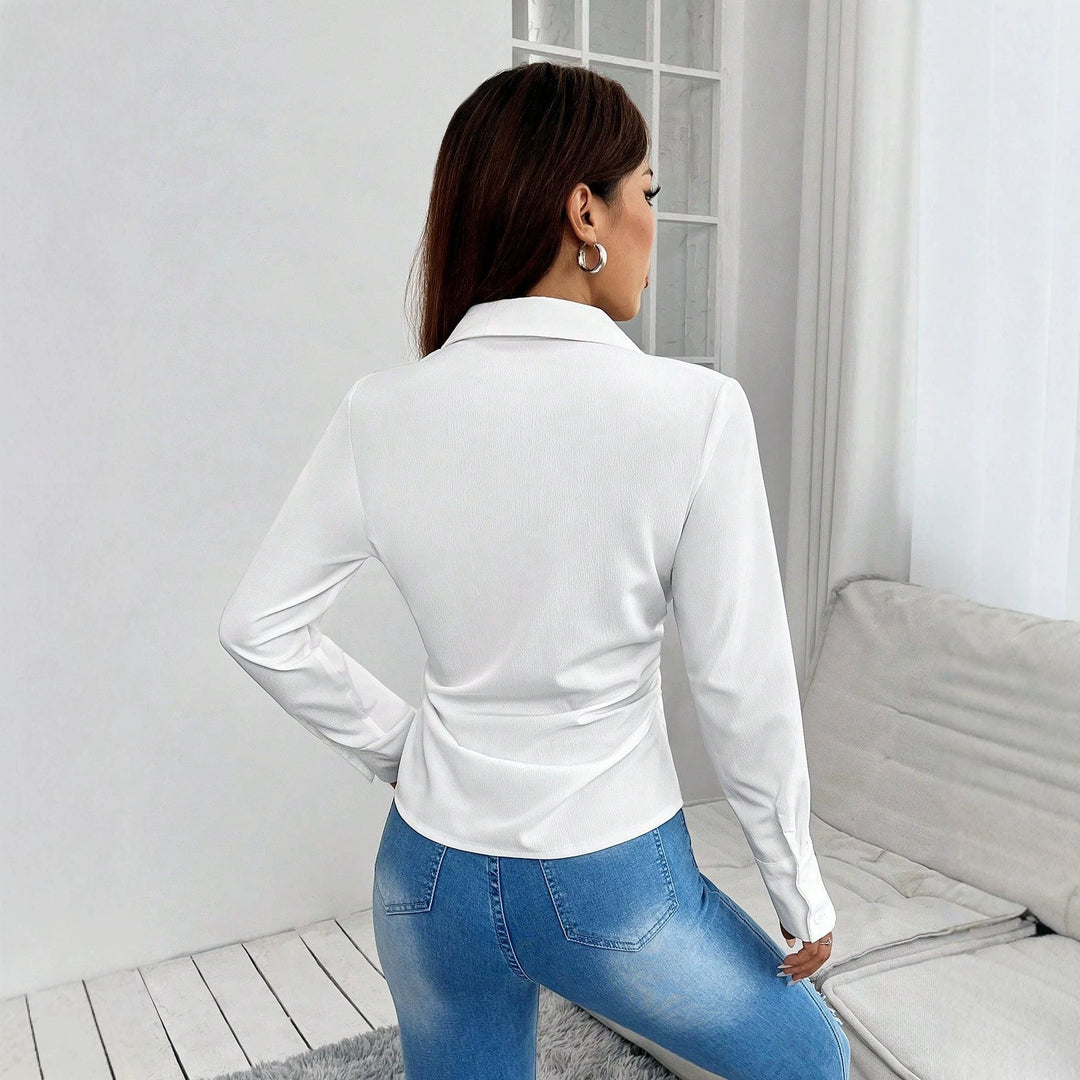 Dame Elegant Langermet Bluse med strukturert Stoff Skjora