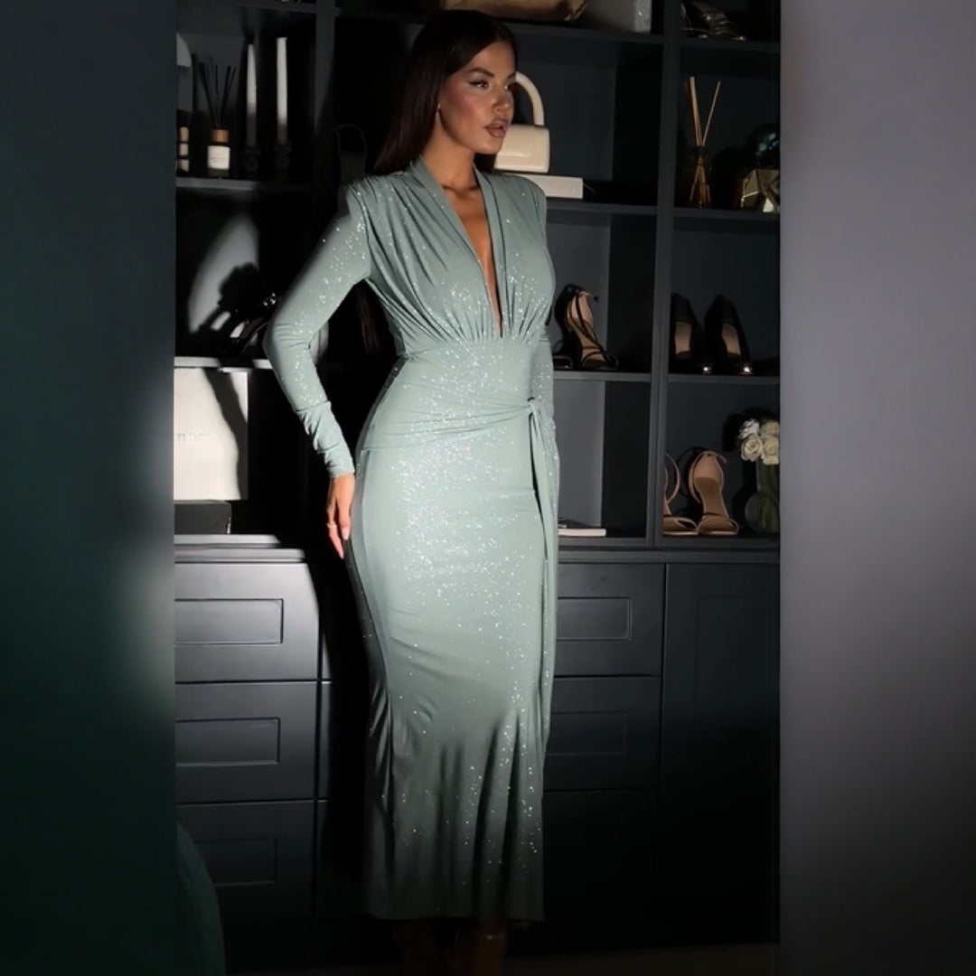 Damer Elegant Maxi Kjole med Dyp V-Hals og Figur-Fasong Silhuett Skjora