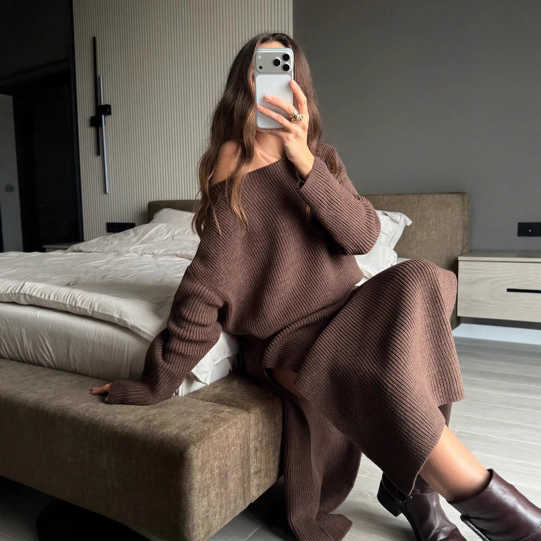 Kvinne Strikkekjole og Oversized Genser Sett Skjora