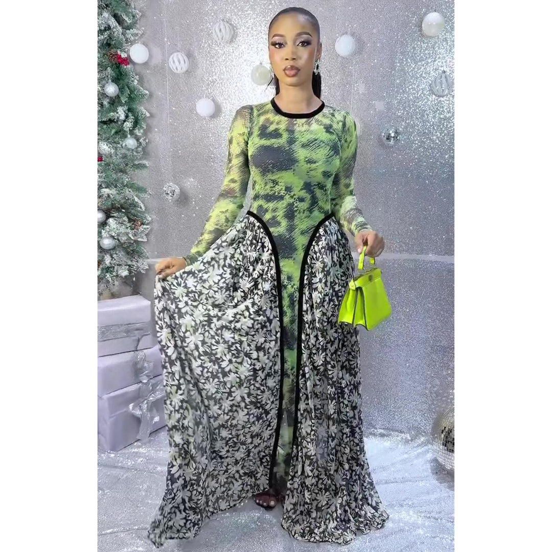 Kvinne Maxi Kjole med Transparent Topp og Blomstret Underkjole