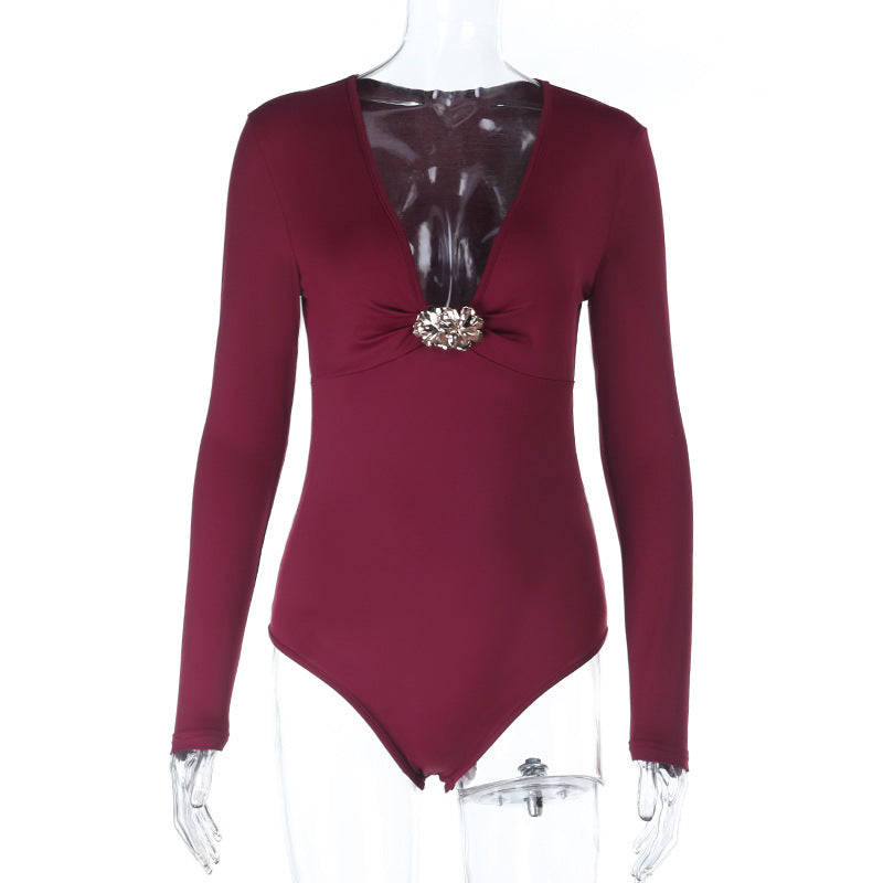 Damer elegant hel jumpsuit med dyp V-hals og lang arm Skjora
