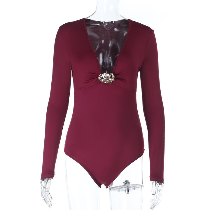 Damer elegant hel jumpsuit med dyp V-hals og lang arm Skjora