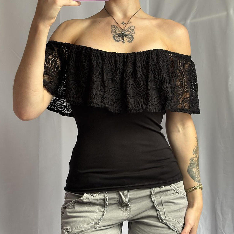 Dame Off-Shoulder Overdel med volangdetaljer og elegante spissaksenter Skjora