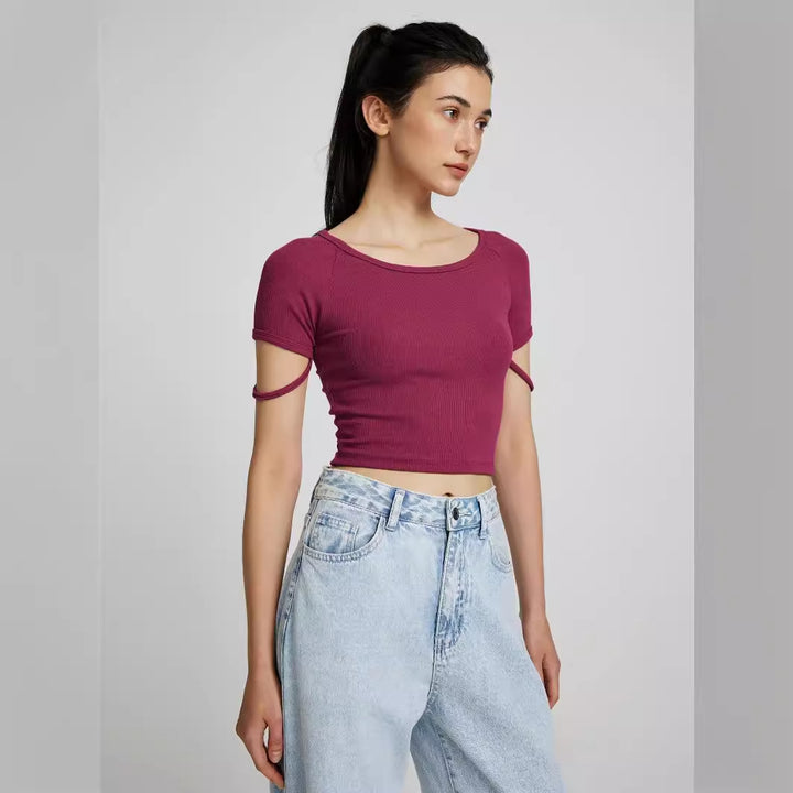 Dame kortermet tettsittende Crop-Top med rund hals Skjora