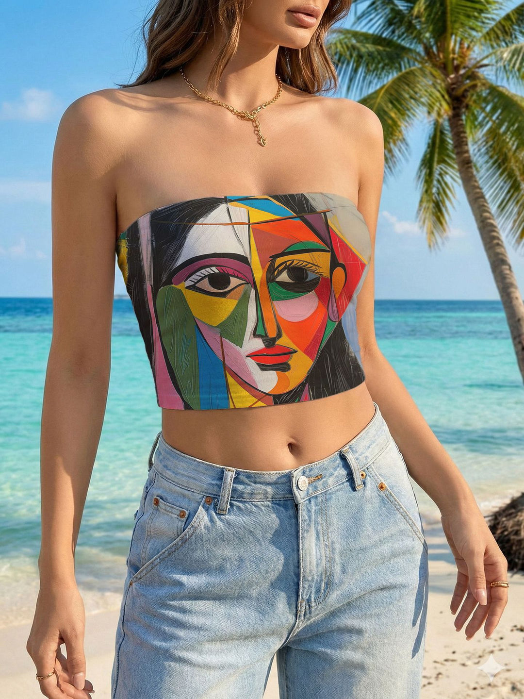 Damer bandeau-top med blomsterfuglmotiv og elastisk passform Skjora