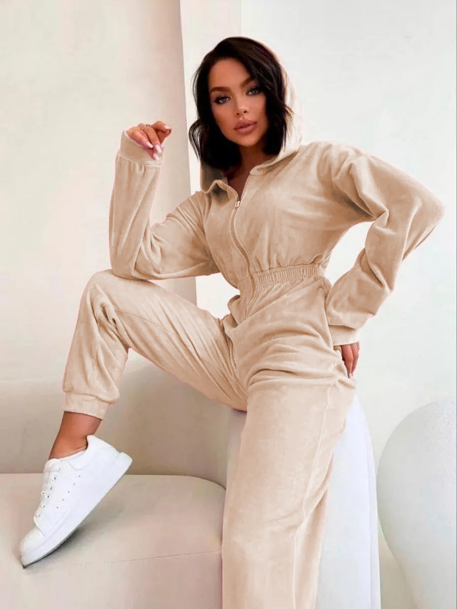 Damer sporty fleece jumpsuit med hette og elastisk midje Skjora