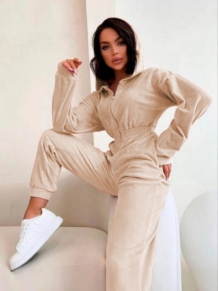 Damer sporty fleece jumpsuit med hette og elastisk midje Skjora