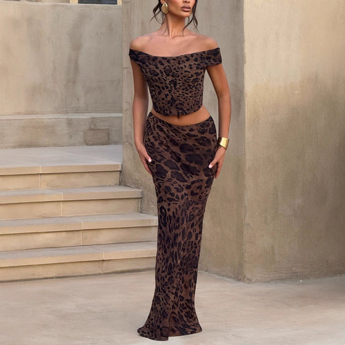 Dame Elegant Maxikjole med skulderfri design og leopardmønster Skjora
