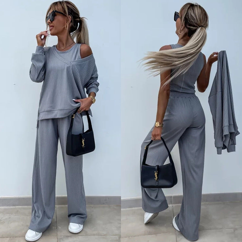 Kvinnenes avslappende ribbet loungewear-sett med åpen skulder og løs passform Skjora