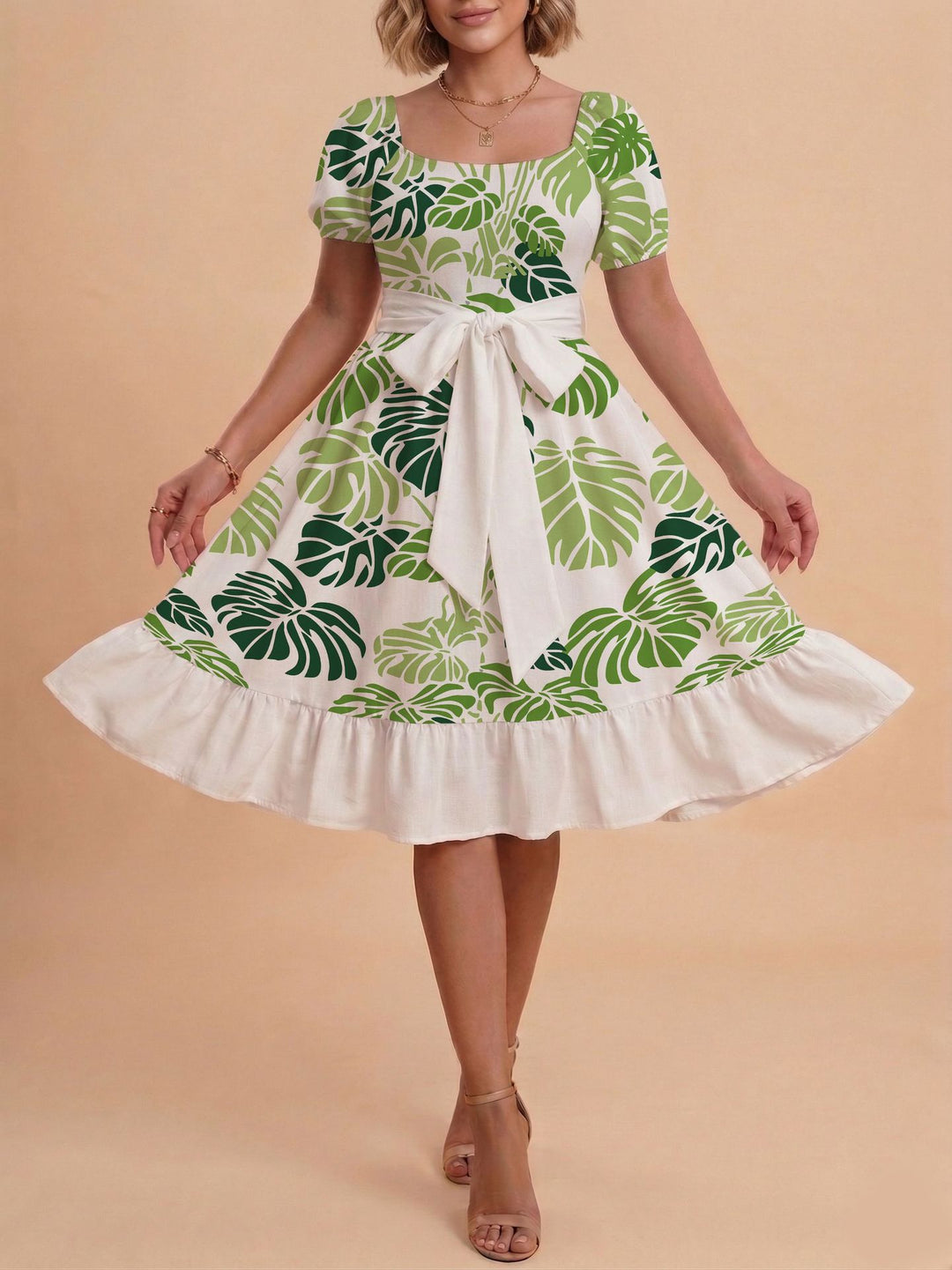 Damen Verspieltes Maxikleid mit Bärenmuster und taillierbarem Band Skjora