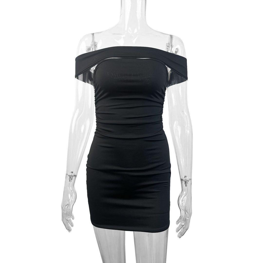 Damer Asymmetrisk Mini kjole med komfortabel rynking og skulderfri design Skjora