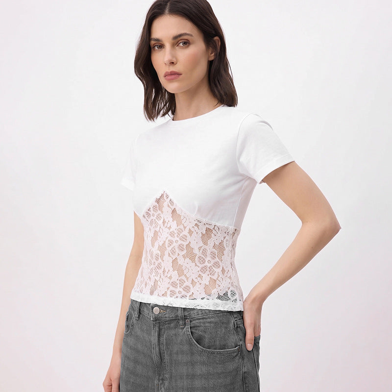 Dame Elegant overdel bluse laget av blonder og jersey Skjora
