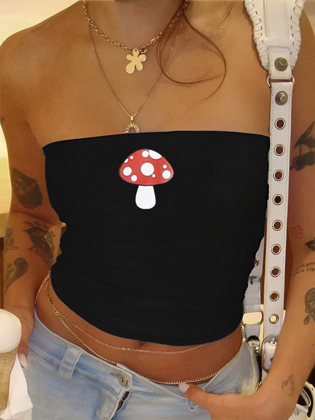Dame Bandeau-top med stilig Rock-Star-trykk Skjora
