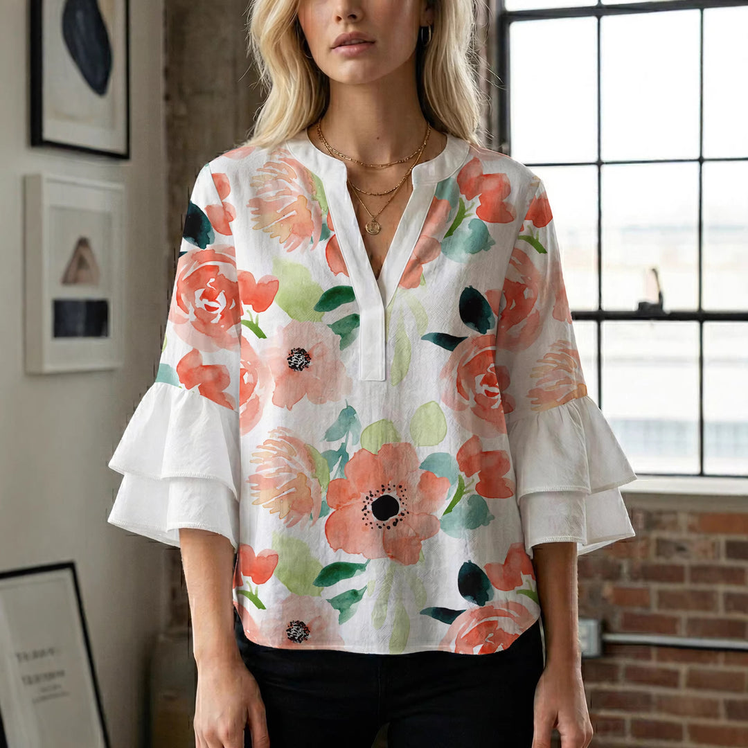 Damer Elegant topp med voluminøse rynkete ermer og blomstertrykk Skjora