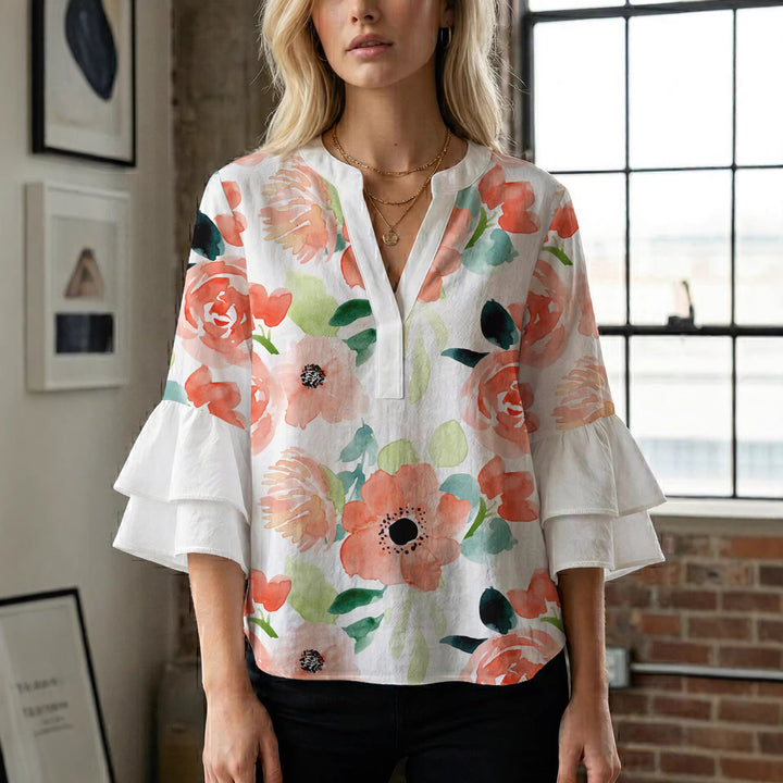 Damer Elegant topp med voluminøse rynkete ermer og blomstertrykk Skjora