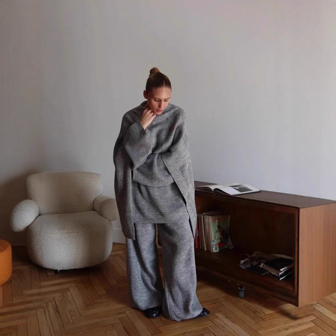 Kvinnelig stilige ribbestrikket loungewear-sett med løs passform topp og bredskårne bukser Skjora