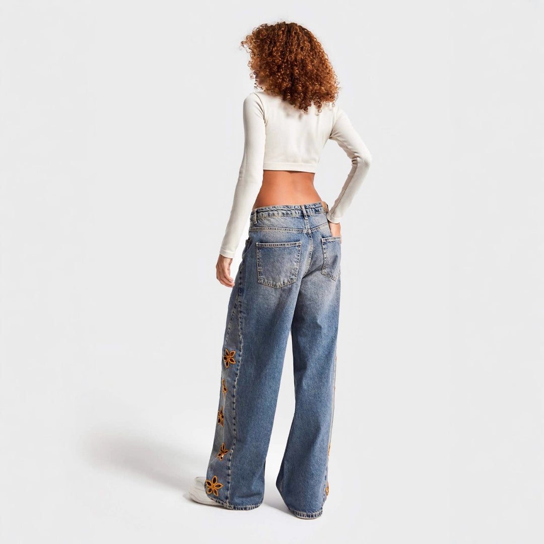 Women's wide-leg jeans with floral print Skjora