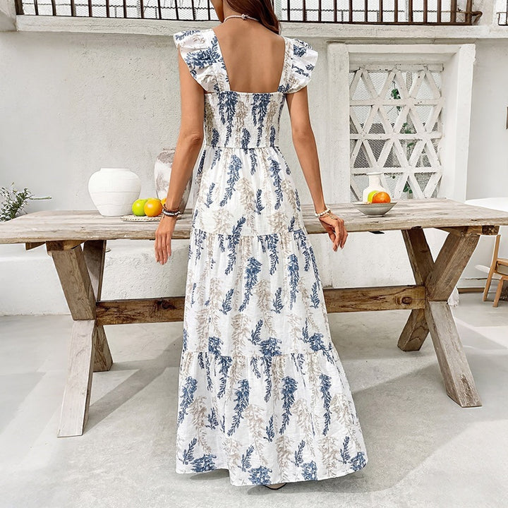 Dame Elegant Maxi Kjole med blomstertrykk og off-shoulder volangærmer Skjora