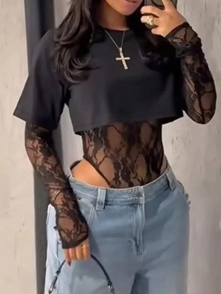 Dame bodyshirt med transparente spissarmer og avslappet snitt Skjora