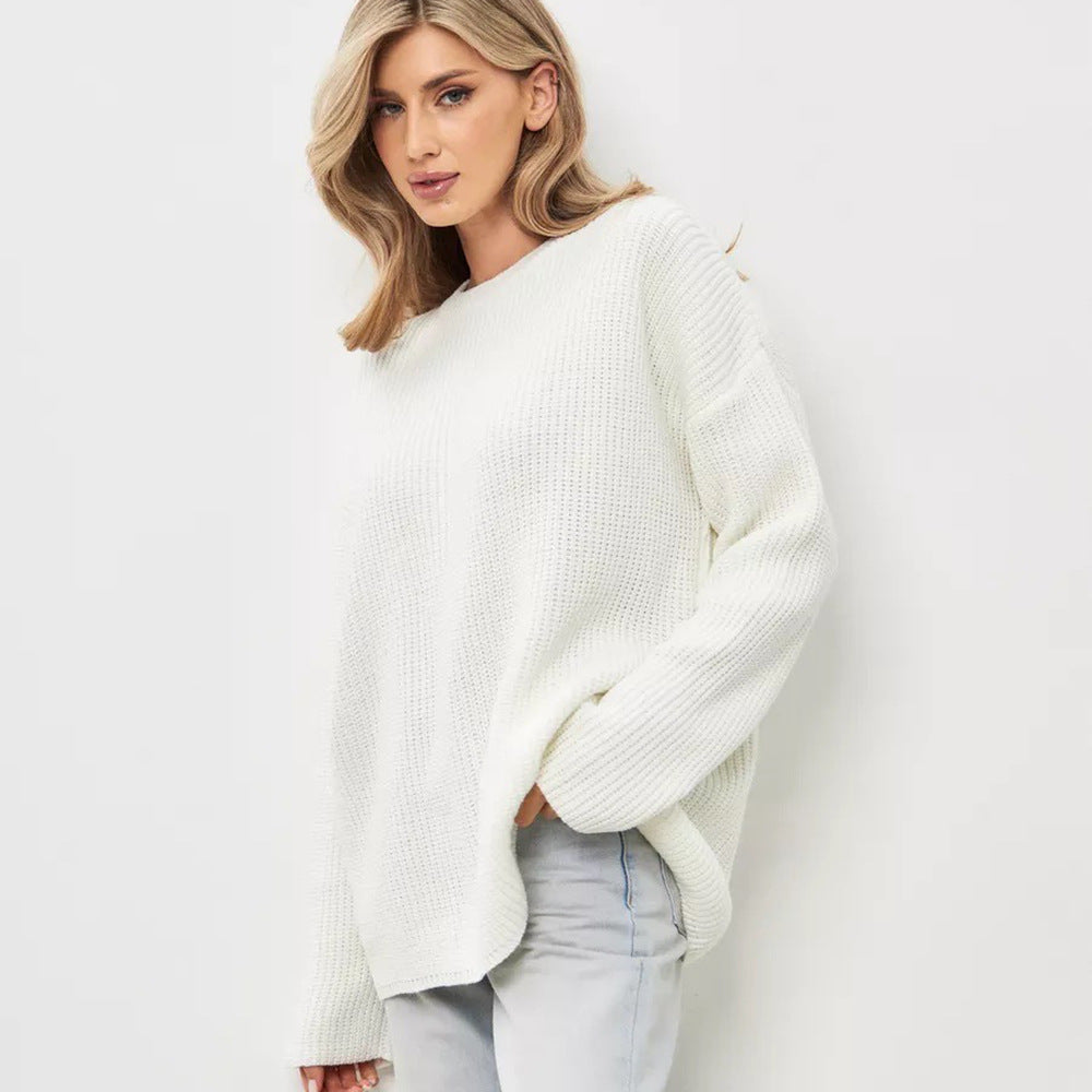 Dame casual oversized strikkegenser med åpne ermekanter og lett ribbestrikket mønster Skjora