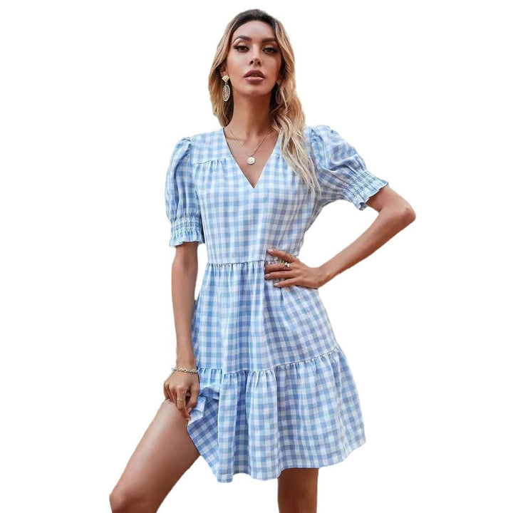 Dame Gingham-kjole med volanger og pufferm WS
