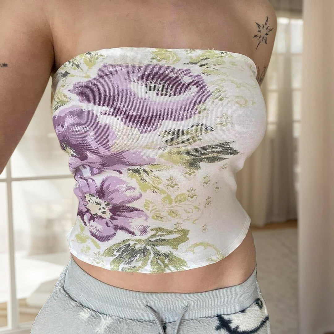 Dame Bandeau-top med blomsterdesign og elastisk midje Skjora