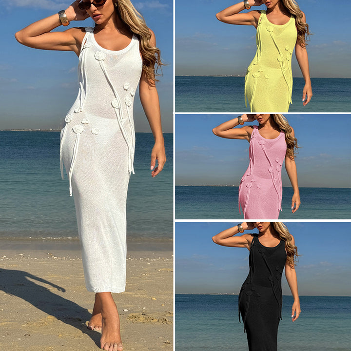 Damen Elegantes Strickkleid mit Blumenapplikationen und seitlichem Bindegürtel Skjora