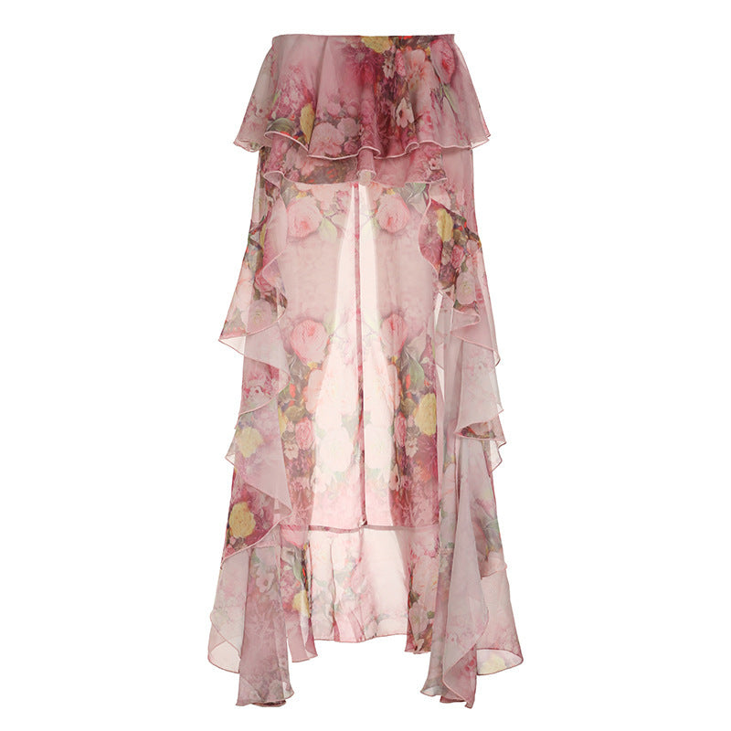 Dame floral asymmetrisk skjørt med volangdetaljer Skjora